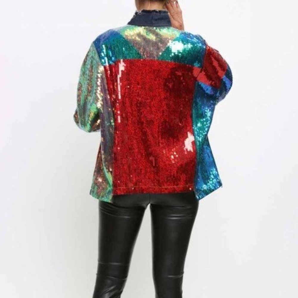 Callie Lives Celebration: Multi-Color Block Sequin Denim Jean Jacket M/L/XL - Picture 11 of 12